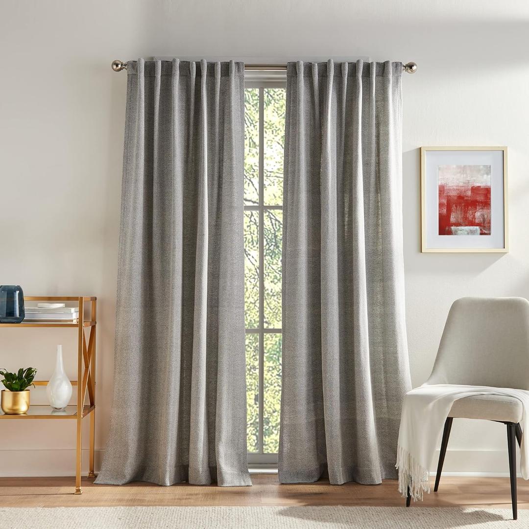 Tommy Hilfiger Curtains - Herringbone  2 Panels -50 x 108 Inches  Rod Pocket/Back Tab  Light-Filtering Window Curtains for Living Room Bedroom - Panel Pair, 108", Dark Grey