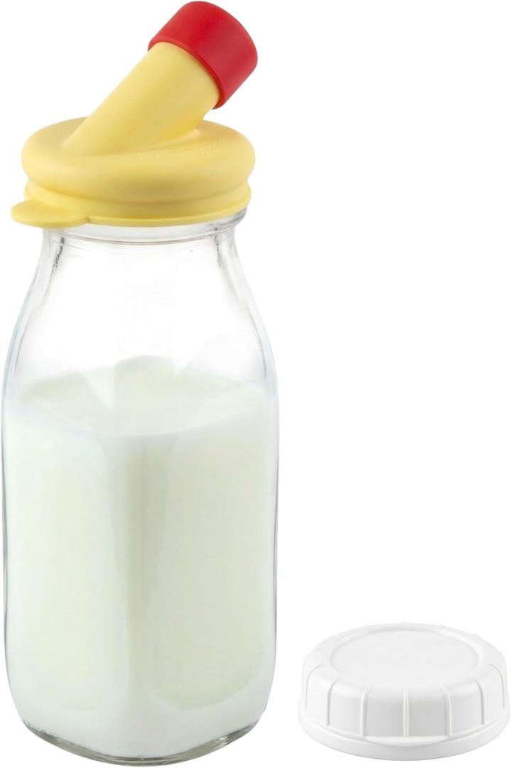 kitchentoolz Glass Creamer Bottle 12 Oz Square Glass Milk Bottle with Lids- Glass Bottles with Lids - Milk Container for Refrigerator - 12 Ounce Milk Bottle with Lid and Pour Spout