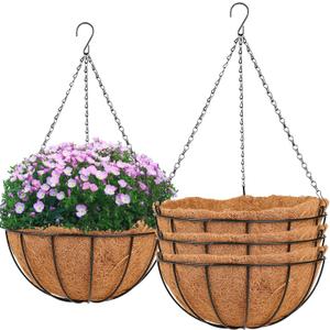 Hanging Basket Planter Plants Outdoor - 4 Pack 14 Inch Metal Hanging Planter with Coco Liners, Chain Hook Hanging Flower Pots for Indoor Outdoor Garden Porch Decoration