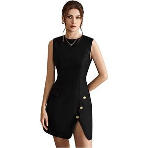 Women's Crew Neck Button Front Mini Dress Sleeveless Split Hem Work Business Casual Dresses Small Women's Crew Neck Button Front Mini Dress Sleeveless Split Hem Work Business Casual Dresses Small