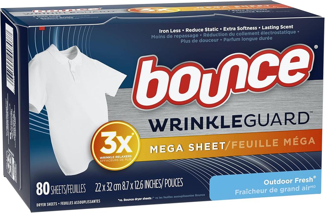 Bounce WrinkleGuard Mega Dryer Sheets, Fabric Softener and Wrinkle Releaser Sheets, Outdoor Fresh Scent, 80 Count