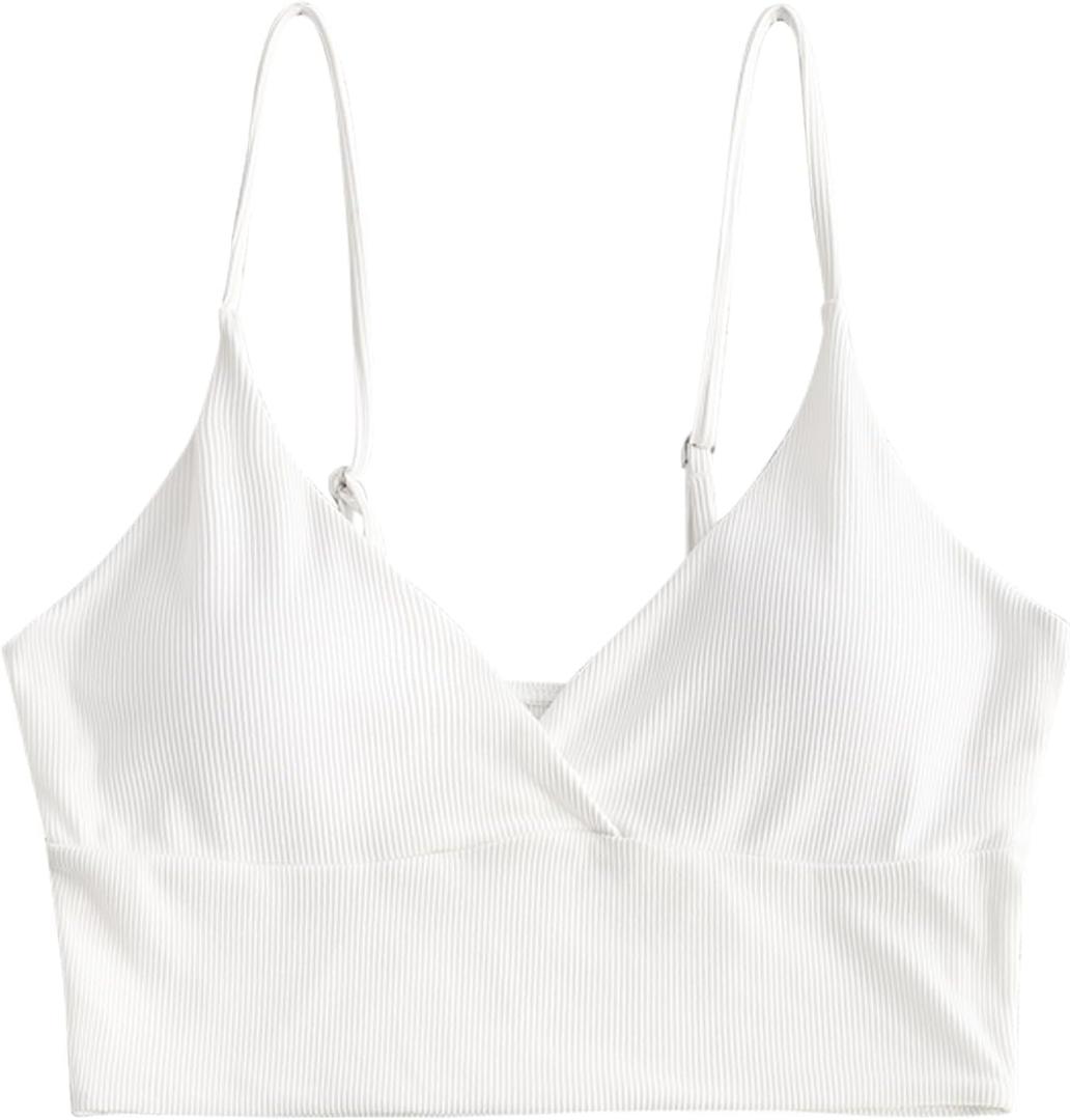 ZAFUL Women's V Neck Tankini Top Ribbed Adjustable Spaghetti Straps Bikini Top Bathing Suit Swim Tops (XX-Large, 0-white)