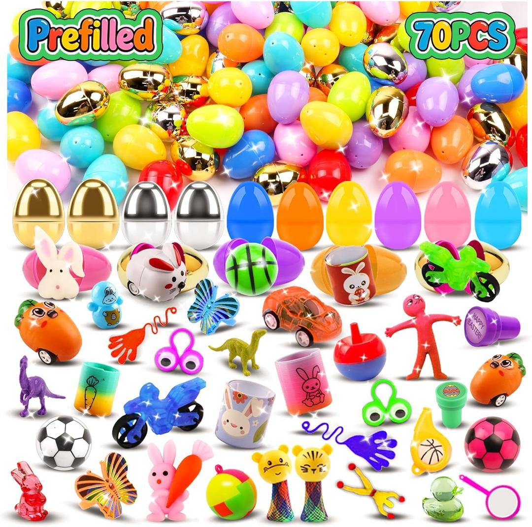 Kiss Monkey 70 PCS Prefilled Easter Eggs with Toys,Filled Easter Eggs with Toys Inside,Easter Basket Stuffers for Kids,Prefilled Eggs for Easter Egg Hunt,Easter Party Favors for Kids,Classroom Prizes