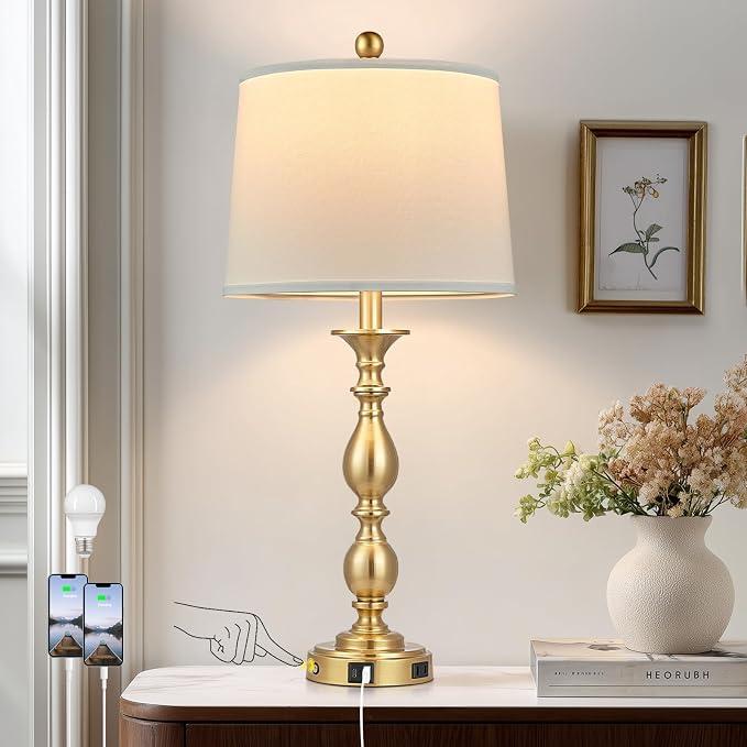 28" Tall Modern Table Lamp with USB A+C Ports and AC Outlet, 3 Way Touch Metal Bedside Lamps for Bedroom, Gold Farmhouse Nightstand Lamps for Living Room