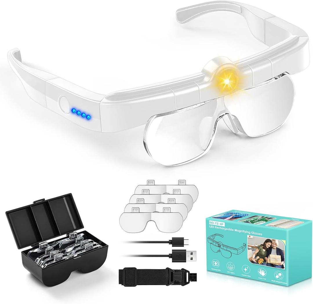 Magnifying Glass with Lights, Headband Hands Free Magnifying Glasses for Close Work, Flip-up Magnifier with 3 Color Temperature, 1.5X to 5.0X Lenses for Jewelry Crafts Soldering Repair (White)