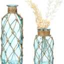 Chuangdi Set of 2 Coastal Glass Vases for Flowers TSITP Flower Vase with Boho Rope Small Sea Glass Jar Nautical Beach Bottle for Wedding Table Centerpieces Floral Arrangement Decor(Light Blue)