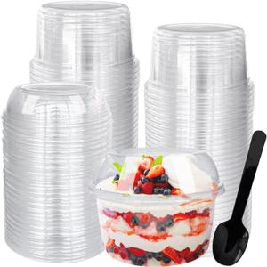 Alaeseje 50 Pack 12 oz Disposable Clear Plastic Cups,PET Dessert Cups with Lids and Spoons,Disposable Snack Bowls for Cupcake,Pudding,Snacks,Yogurt,ParfaitFruits,Mousse