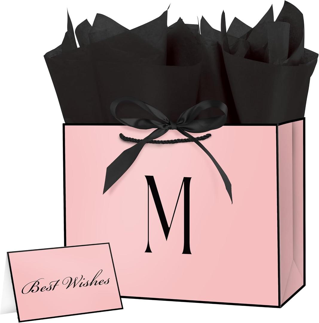 2 x Linelglobal Pink Letter Gift Bag with Handles for Women 12.6" Anniversary Wedding Party Includes Envelope, Card, Wrapping Paper - Initial M, 1 count
