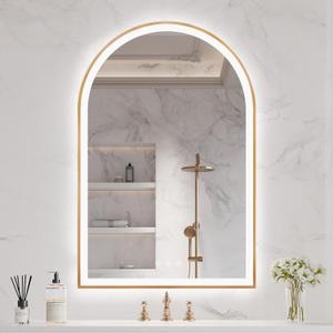 Arched LED Bathroom Mirror 24"x36", Brass Gold Bathroom Mirror with Lights-Anti-Fog, Dimmable-LED Mirror for Bathroom,3 Colors (36"L x 24"W, Arched Brass Gold)