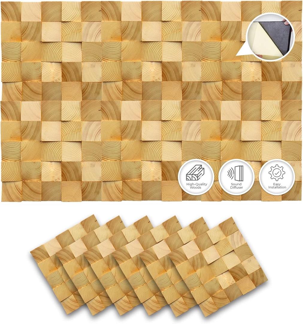 6 Aesthetic Block Style High-Grade Finland Wooden Wall Art Panel Room DIY Acoustic Sound Diffuser STC 27 Home Decorative Sound Absorbing Noise Reduction Wood Decor 12x12in AP1252