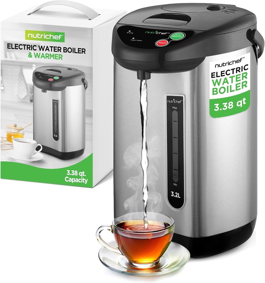 NutriChef Hot Water Urn Pot Insulated Stainless Steel,Auto & Manual Dispense,Auto Boiler,Safety Lock Shutoff 3.38 QT /3.2L - Auto Boiler Shut Off - PKWK43