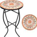 VCUTEKA Mosaic Side Table, 21" Round End Table with 14" Ceramic Tile Top, Patio Accent Table Indoor and Outdoor End Table for Yard, Garden, Living Room, Bistro Balcony or Lawn Golden Sun