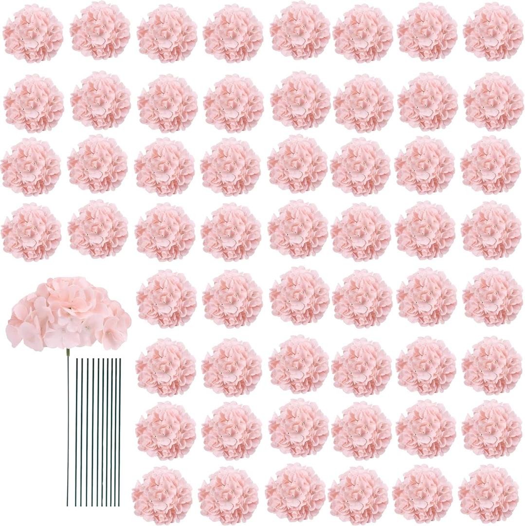 AVIVIHO 65pcs Fake Flowers Blush Hydrangea Artificial Flowers Bulk (Not Squished, No Steaming Need) Silk Flowers with Stems for Wedding Decor,Home,Baby Shower,Table Centerpieces Decoration (Medium)