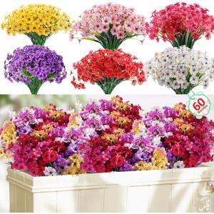 Powbrace 60 Pack Artificial Flowers Outdoor, Faux Silk Flowers for Outdoors Outside Front Porch Hanging Planter Window Box Garden Decoration(Mixed)