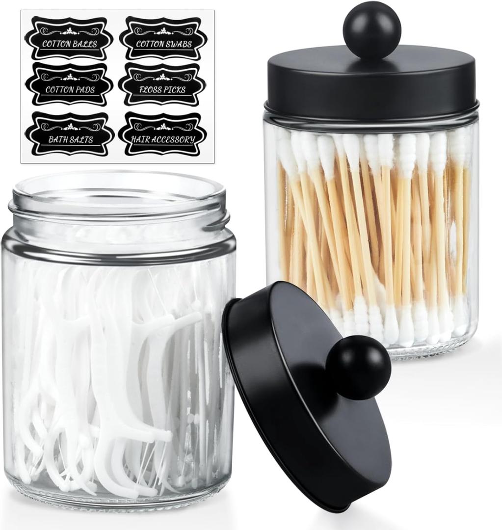 2 Pack Glass Apothecary Jars with Lids and Labels - Bathroom Counter Storage Jars, Qtip Holders Vanity Countertop Canisters (Clear)