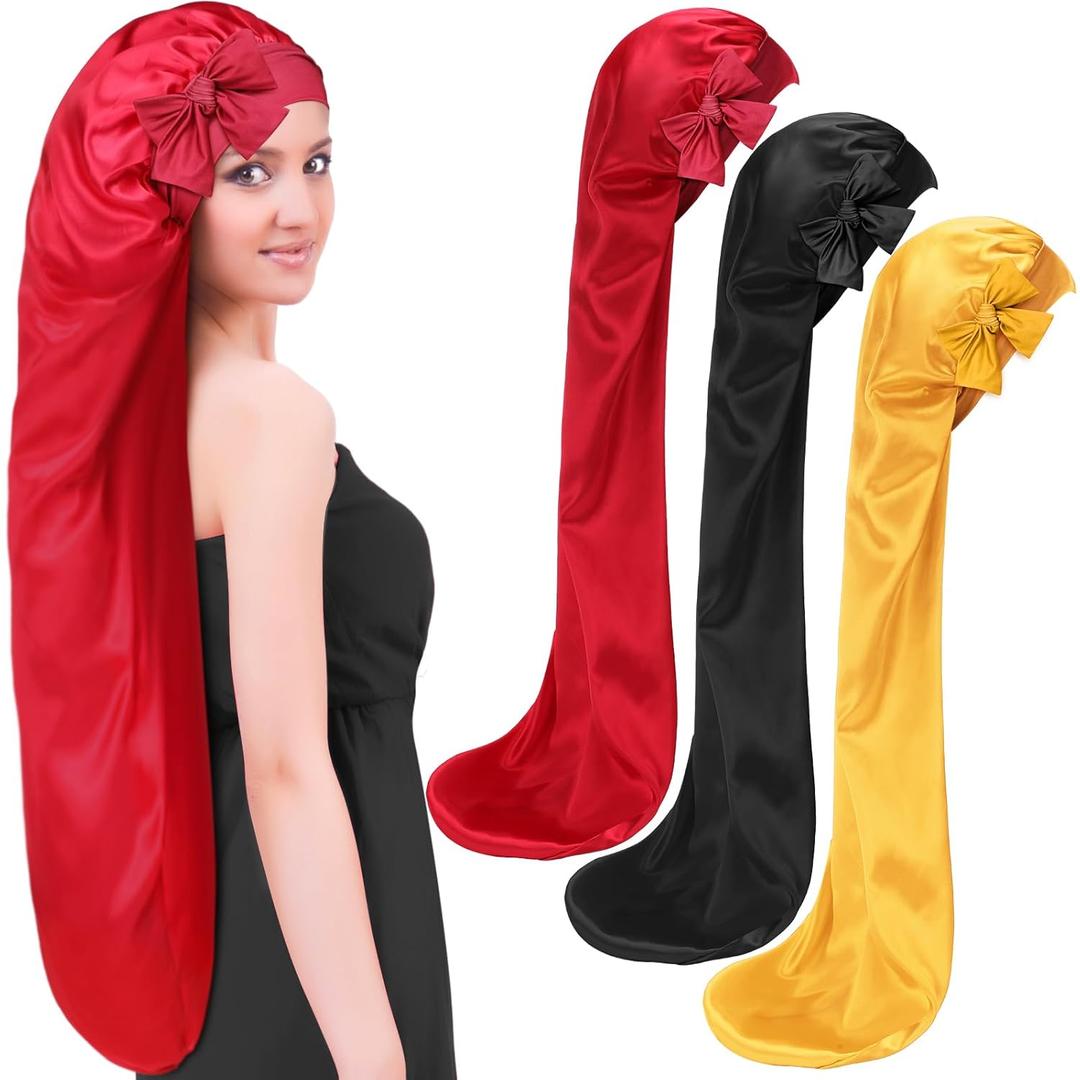 Geyoga 3 Pcs 40 Inches Extra Long Satin Braid Bonnet for Sleeping Silk Hair Bonnet for Women with Tie Band Foldable Braids Hair Sleep Tie, Black, Wine Red and Gold (Large)