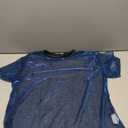 OYOANGLE Women's See Through Top Metallic Mesh Sheer Short Sleeve Rave T-Shirt (Large, Blue)