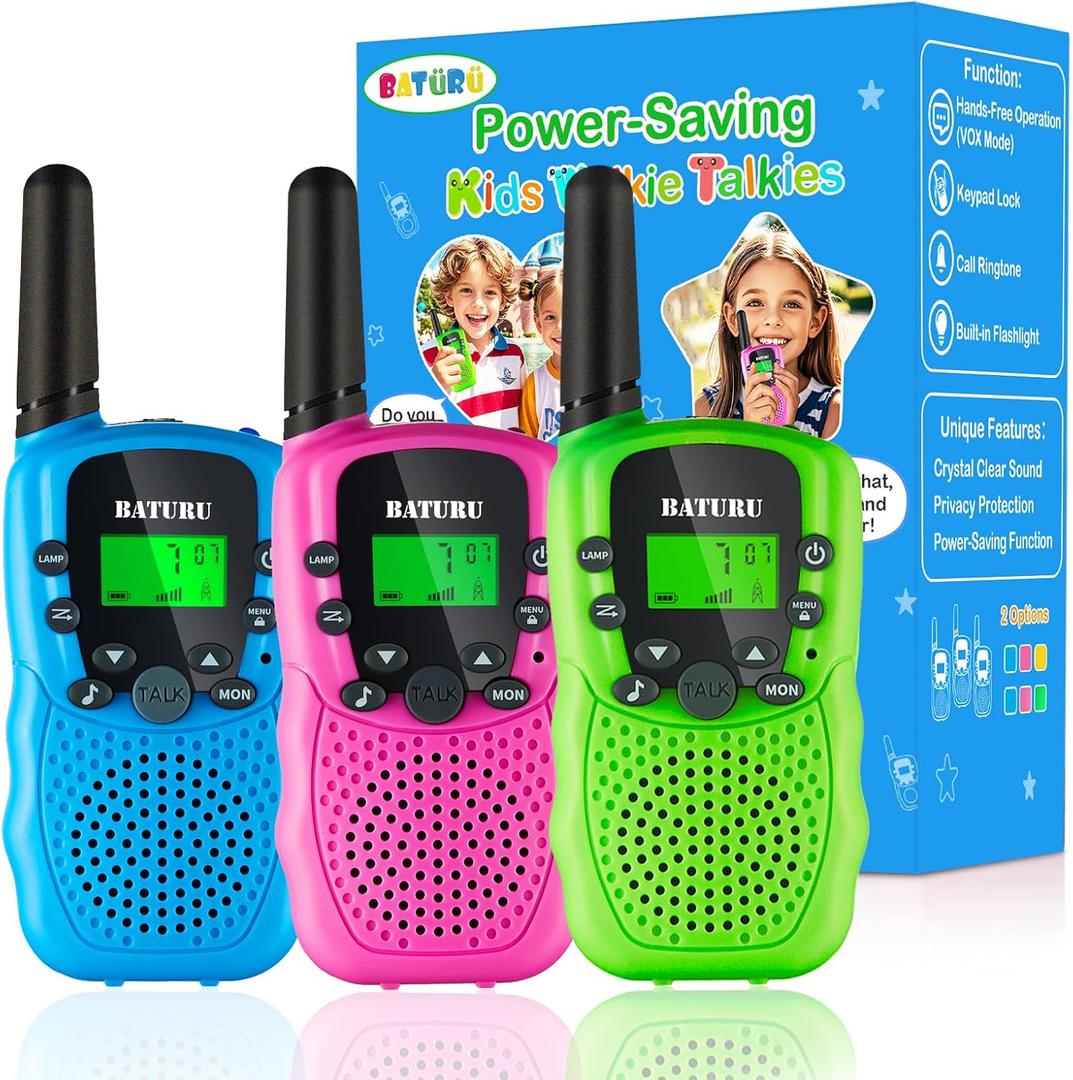 BATURU Walkie Talkies for Kids 3 Miles Long Range, Battery-Saving Walkie Talkie, 22 Channels Kids Walkie Talkies 3 Pack, Outdoor Camping Toys for Girls Boys Age 5-10, Stocking Stuffers for Girls Boys (Blue Pink Green)