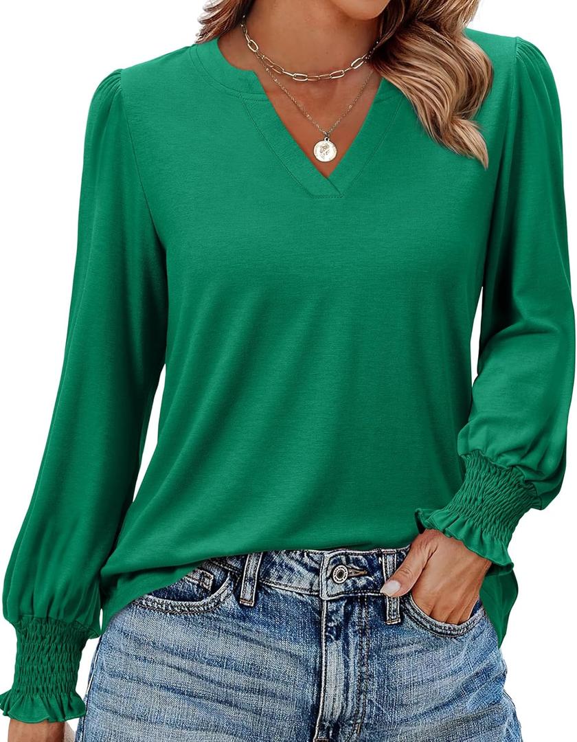 Uhiger Womens Tunic Tops Long Sleeve Blouses for Women Dressy Casual V Neck Tops Shirts Trendy with Smocked Cuffs (XX-Large, Deep Green)