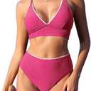 ZAFUL Swim Suits for Women 2025 V Neck Bikini Set High Waisted Swimsuits Tummy Control Two Piece Bikini Set, S, Pink