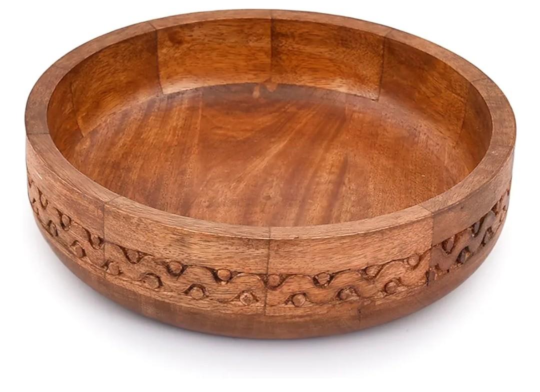 EDHAS Mango Wood Decorative Round Carved Bowl for Decoration, Centerpiece Bowl for Table (10" x 10" x 2.5")