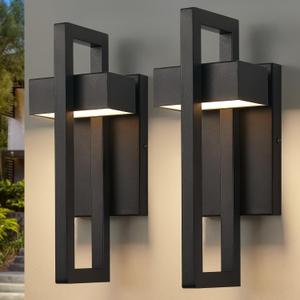 tewei 16.5'' Modern LED Outdoor Wall Sconce, Integrated LED Outdoor Light Fixtures Wall Mount Exterior Lights, Black Front Porch Outside Lighting for House, Backyard, Warm White 3000K, 2 Pack (Black - No Sensor)