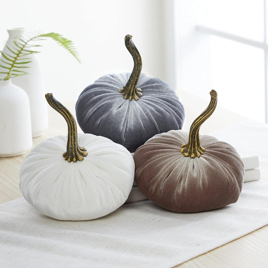 Set of 3 Small Velvet Pumpkins, autumn hygge home, cozy fall vibe, elegant gift set for friend, shelf sitter for office, pumpkin trick or treat, table decor, bowl filler (Gray, Taupe, Ivory)