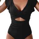 B2prity Women's One Piece Swimsuit Ruffle Cutout Bathing Suits Slimming Tummy Control V Neck Wrap Swimwear (Large, Black Ribbed)