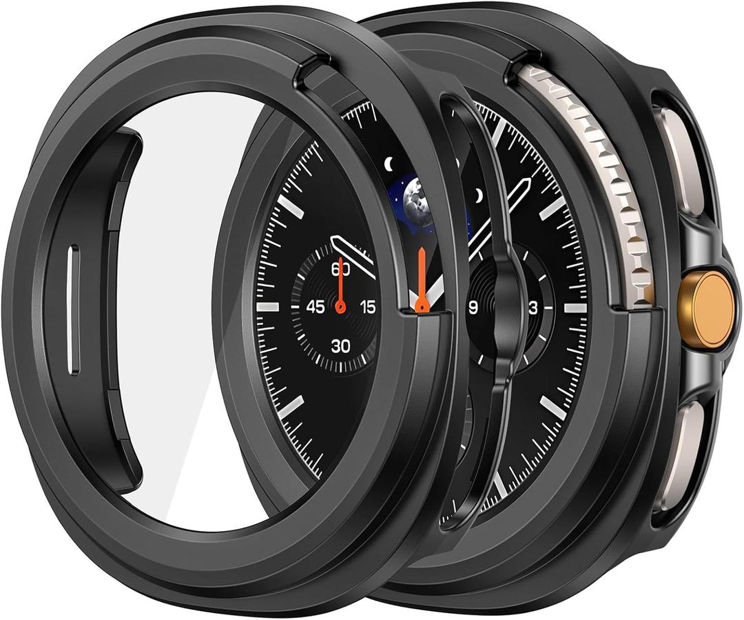 2 x Misxi 2-Pack Hard PC Case with Tempered Glass Screen Protector for Samsung Galaxy Watch 8 Classic 46mm, Overall Protection Anti-Slip Scratch-Resistant Cover for Galaxy Watch8 Classic, Black