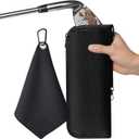 Golf Club and Golf Boll Cleaner Bag, Golf Ball Cleaner Pouch with 1 Pack Golf Ball Towel, Waterproof Outside, Clean Inside  Liner Technology, Machine Washable (Black)