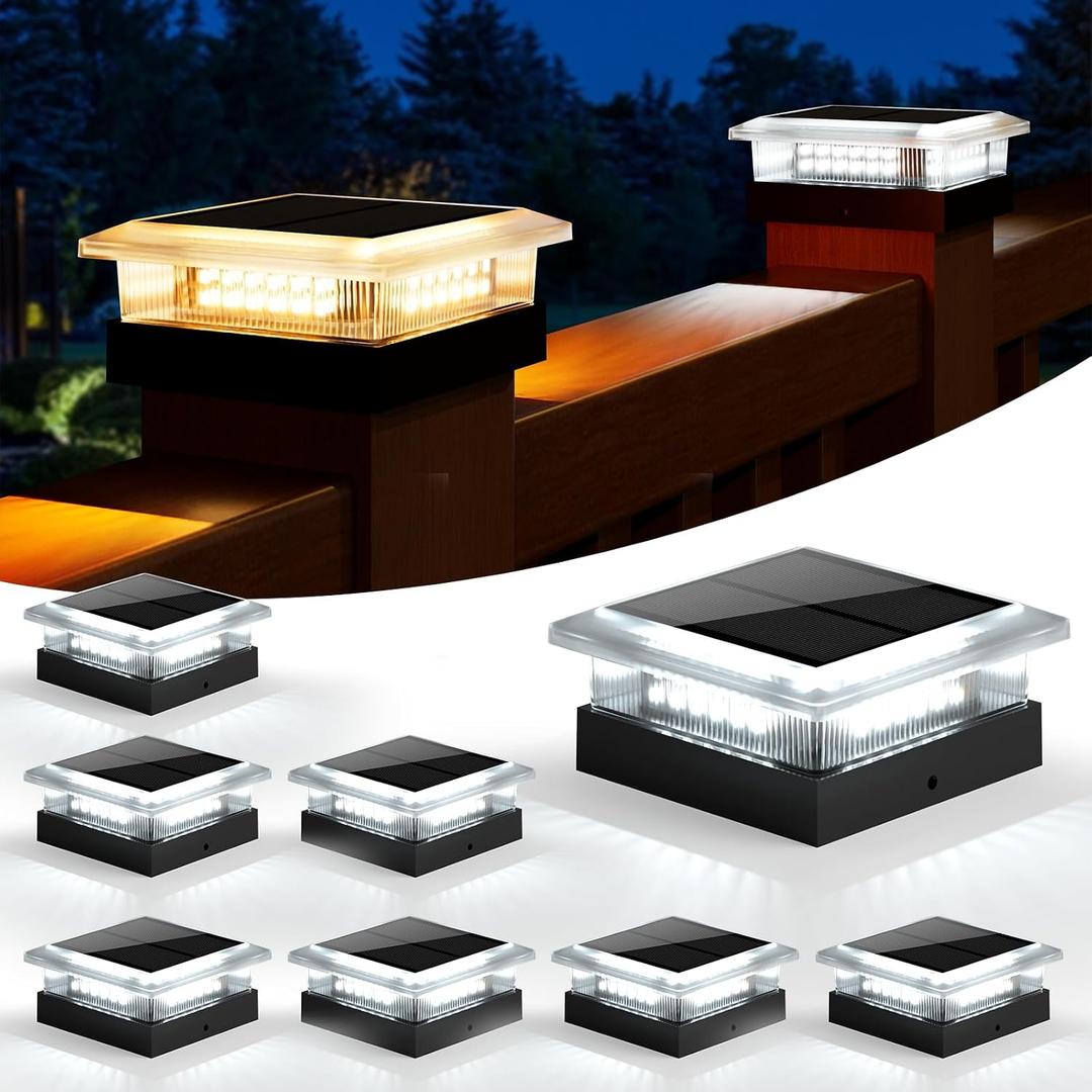 4x4 Post Solar Lights 8 Pack, 4 Lighting Modes Solar Post Cap Lights for 4x4 3.5x3.5 Wood/Vinyl Posts, Ip67 Waterproof 96 LED Fence Deck Post Lights Solar Powered for Patio Porch, Black