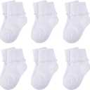 6 Pairs Newborn Infant Toddler Baby Girls Turn Cuff White Ruffle Frilly Cotton Dress Crew Socks, 0-6 Months
