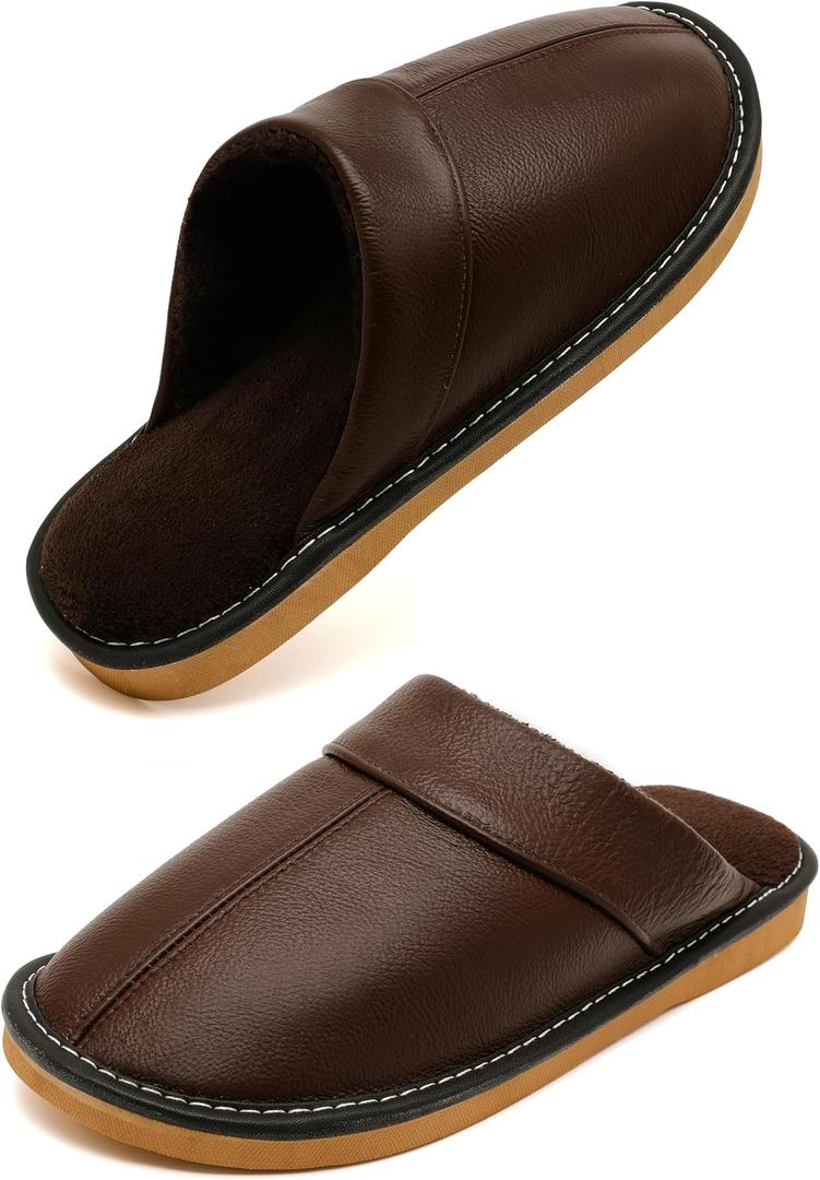 Genuine Leather Slippers for Women Men, Fuzzy Bedroom House Slippers (Brown, L)