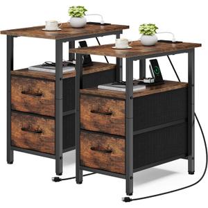 Vagusicc End Table with Charging Station Set of 2, Narrow Side Table, 23.8'' Tall Nightstand with 2 Drawers, Small Sofa Side Table Narrow Nightstand for Small Spaces Furniture, Bedroom, Rustic Brown