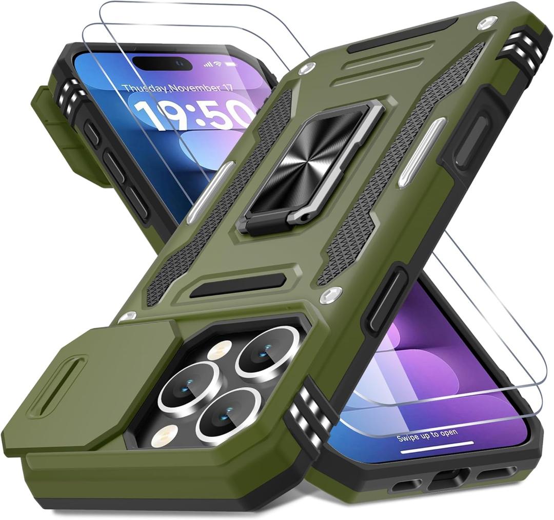 DEERLAMN Case for iPhone 16 Pro with Slide Camera Cover+Screen Protector(2 Packs), Rotated Ring Kickstand Military Grade Shockproof Protective Cover-Olive Green