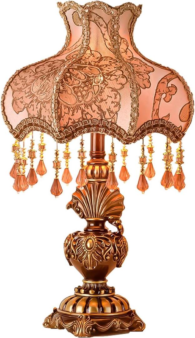 Antique Victorian Table Lamp Tiffany Style Floral Desk Light Fringe Fabric Lampshade Resin Base Romantic Beside Lamp for Bedroom Living Room Nightstand Office Study Home Decoration