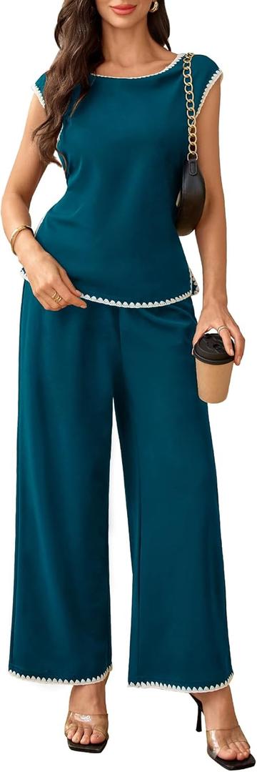BeryLove Two Piece Sets for Women Summer Outfits Lounge Sets Cap Sleeve Tops Wide Leg Crop Pants Vacation Travel Outfits
Size XXL