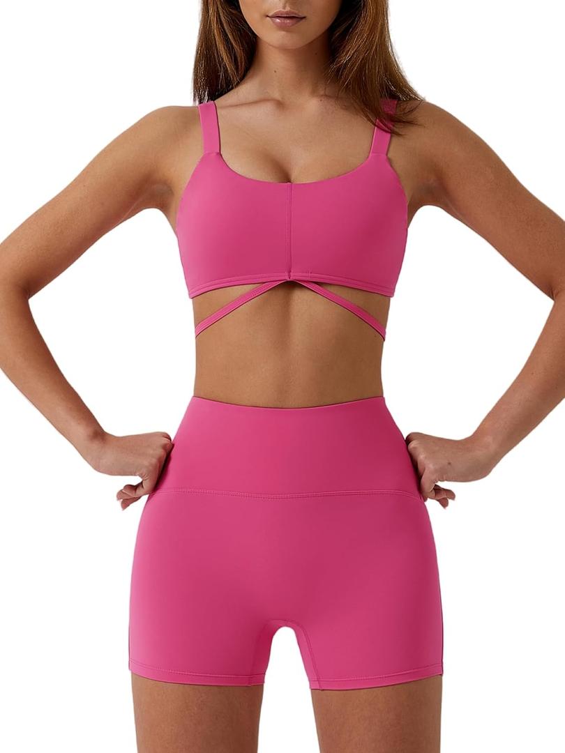 ABOCIW Workout Sets for Women 2 Piece Twist Front Halter Sports Bras High Waist Biker Shorts Exercise Gym Yoga Outfit (Small, Y-hot Pink)