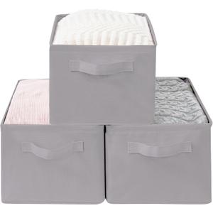 Storage Basket Bins with Metal Frame, Large Collapsible Fabric Storage Baskets for Organizing Shelf, Basket Organizer W/Handles for Towels, Laundry, Office, Home, 3-Pack, Grey