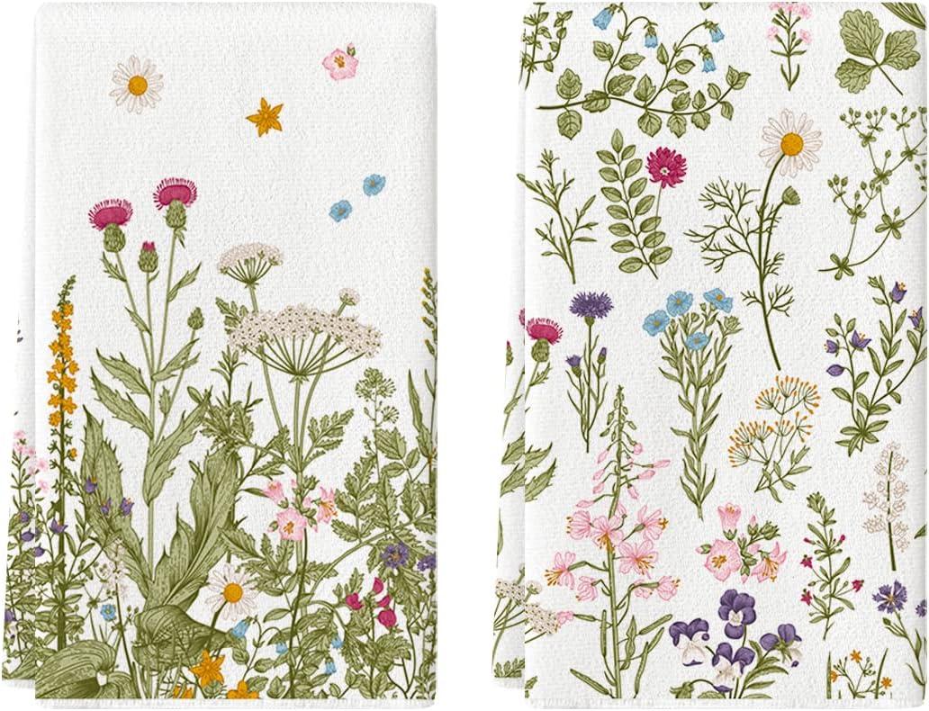 Artoid Mode Wildflower Floral Kitchen Towels Dish Towels, 18x26 Inch Leaves Holiday Decoration Hand Towels Set of 2 (Beige)