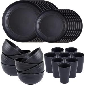 Supernal Wheat Straw Dinnerware Sets,Plates and Bowls Set, Dish Sets for 8, Unbreakable Plate for 8 Dishwasher Safe,Reusable Dinnerware Black-16pcs Plates, 8pcs Bowls, 8pcs Cups. (32pcs)
