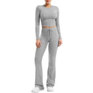 YEOREO Two Piece Sets for Women Long Sleeve Tops Lounge Set Drawstring Wide Leg Pants Ava Matching (Gray, XL)