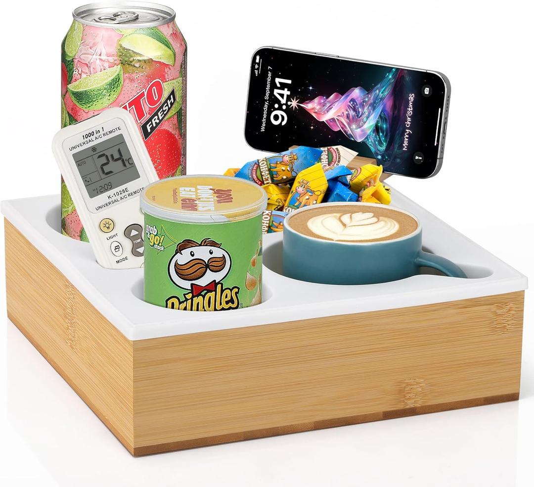 Couch Cup Holder Tray,Handy Silicone Bamboo Couch Caddy with Rotatable Phone Holder for Bed Car Seat Organizer, Waterproof Anti-Spill Sofa Cup Holder for Snacks Beverage Remote (White)