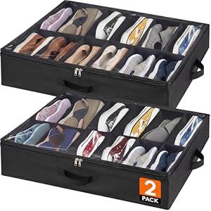 Lifewit Under Bed Shoe Storage Organizer 2 Pack(12 Shoes Cells), 4.3 Inches Profile Fabric Shoes Container Box with Clear Cover, Foldable Storage Bag with 2 Handles, Fits 12 to 24 Pairs