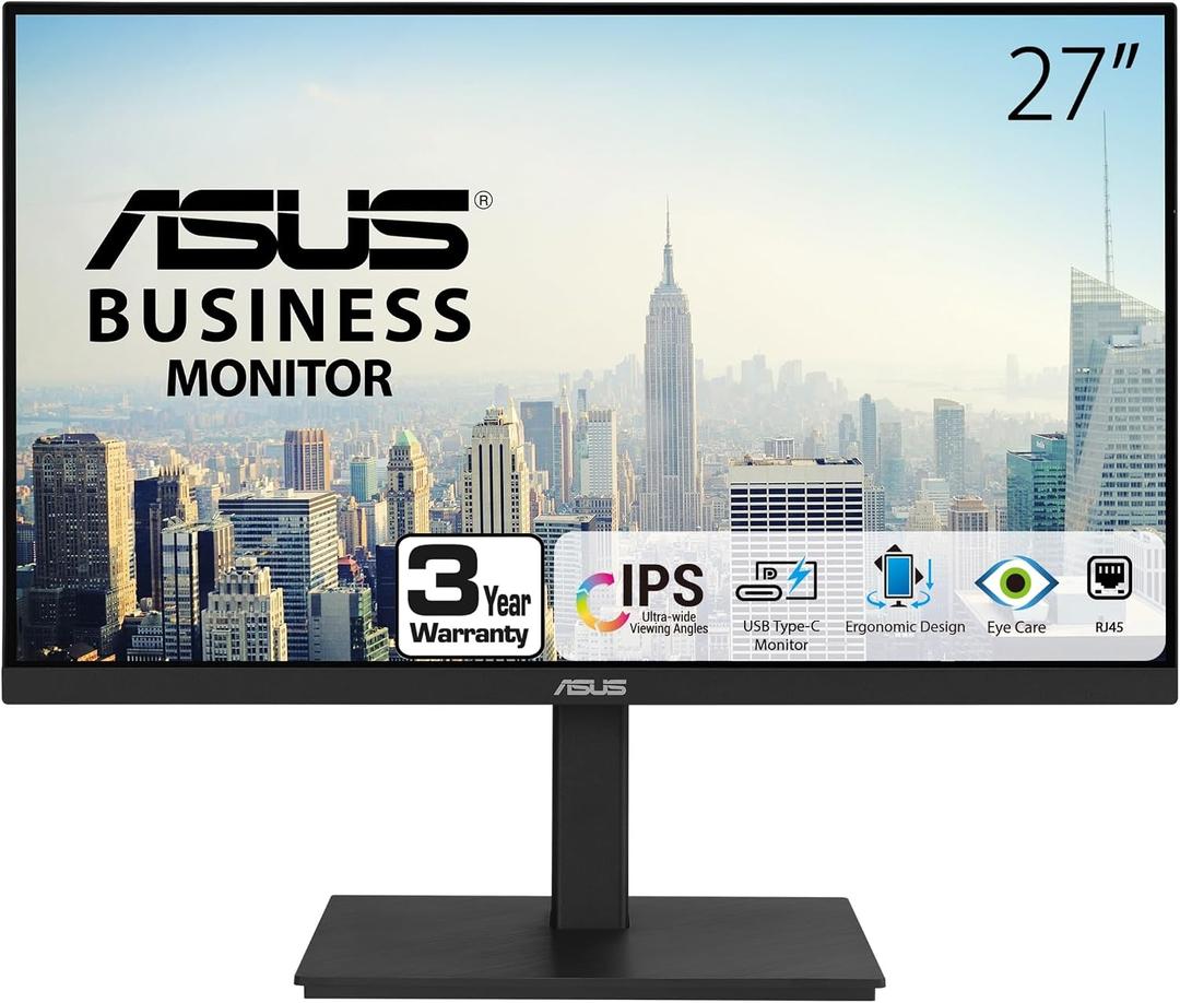 ASUS 27 1080P Docking Monitor (VA27ECPSN) Full HD, IPS, 75Hz, Adaptive-Sync, Speakers, Eye Care, Low Blue Light, Flicker Free, RJ45, USB-C, DisplayPort, HDMI, Height Adjustment, VESA Wall Mountable