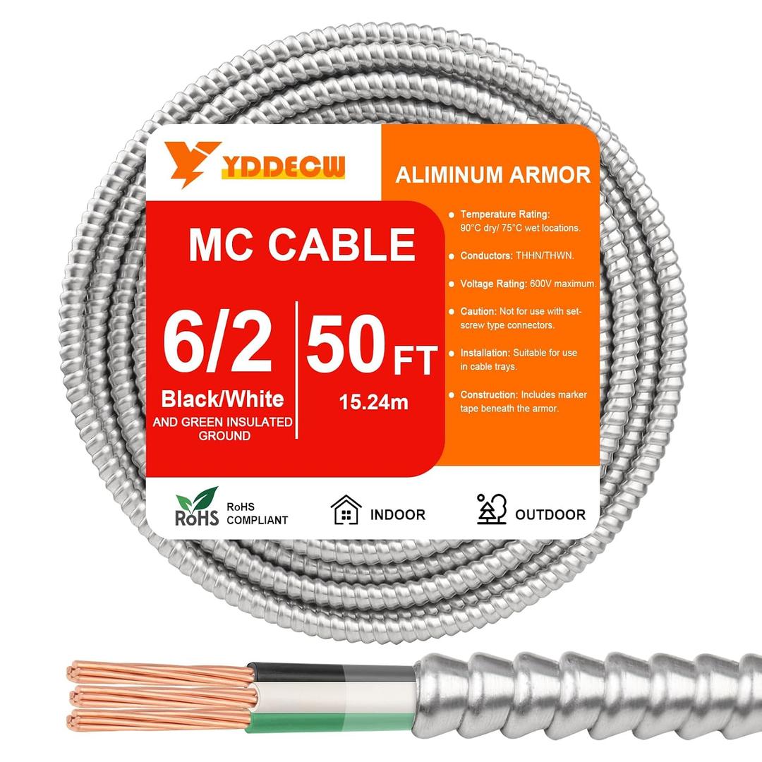 50FT 6/2 Metal Clad (MC) Cable with Ground, 6 Gauge Electric Wire with Aluminum Armor, Solid Bare Copper Conductors for Indoor Outdoor Underground Embedded Installation (6/2, 50 ft)