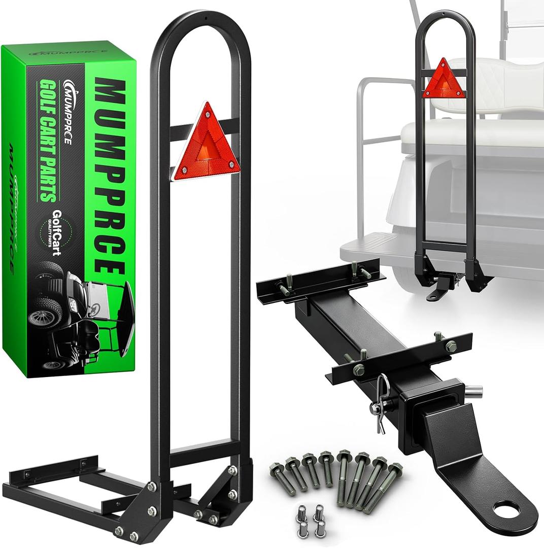 Heavy Duty Golf Cart Rear Seat Safety Grab Bar with 2 Inch Trailer Hitch for EZGO Club Car Yamaha, U-Shape Handrail with Reflective Triangle, Black Steel Fits Metal Footplates for Family Stability