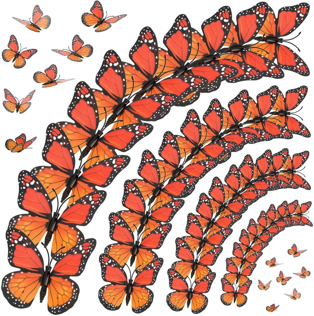 30 Pieces Monarch Butterfly Decoration, 3D Artificial Fake Butterflies Magnetic Accessories for Fall Halloween Day of The Dead Party Favors Hanging Ornaments Craft Home Wall Decor5 Size (4.5 cm, 6 cm, 8 cm, 10 cm ,12 cm, Orange)