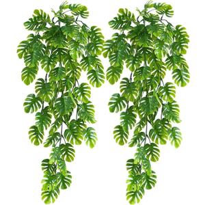 RECUTMS Artificial Hanging Plants 2 Pack, Fake Monstera Leaves Ivy Vine Faux Greenery UV Resistant Outdoor Tropical Palm Leaf Plant for Garden Home Jungle Hawaiian Luau Party Spring Summer Dcor