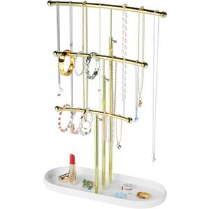 SZQINJI Jewelry Stand Organizer, Metal Jewelry Tree Holder 3-Tier Jewelry Storage Tower for Necklace Display, Bracelet Hanging Gold White Christmas Gift